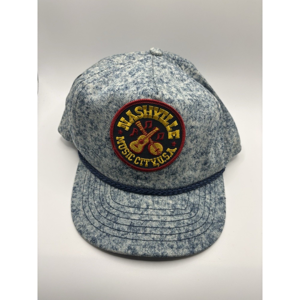Vintage Nashville Music City USA Denim Snapback Hat Rope Patch Acid Wash Cap